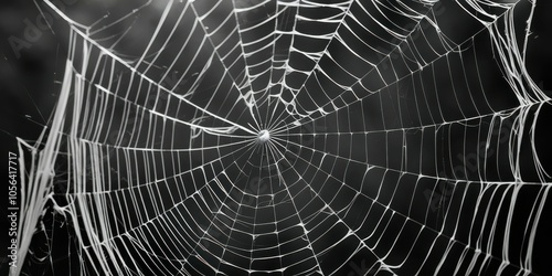 Spider web, intricate details, morning dew, droplets, symmetrical pattern, delicate threads, black and white, macro photography, natural geometry, glistening, ethereal, atmospheric, moody, foggy backg