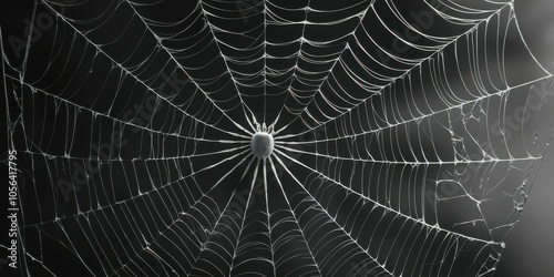 Spider web, intricate details, morning dew, droplets, symmetrical pattern, delicate threads, black and white, macro photography, natural geometry, glistening, ethereal, atmospheric, moody, foggy backg