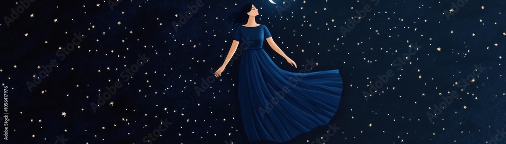 A serene figure in a flowing dress, immersed in a starry night sky, evoking a sense of wonder and tranquility. A serene figure in a flowing dress, immersed in a starry night sky, evoking a sense of wonder and tranquility.
