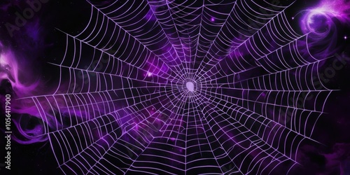 Intricate spider web, central perspective, glowing purple background, magical atmosphere, ethereal lights, dark fantasy, digital art, vibrant neon colors, mysterious aura, supernatural elements, high 