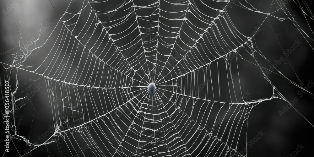 Naklejka premium Spider web, intricate details, morning dew, droplets, symmetrical pattern, delicate threads, black and white, macro photography, natural geometry, glistening, ethereal, atmospheric, moody, foggy backg