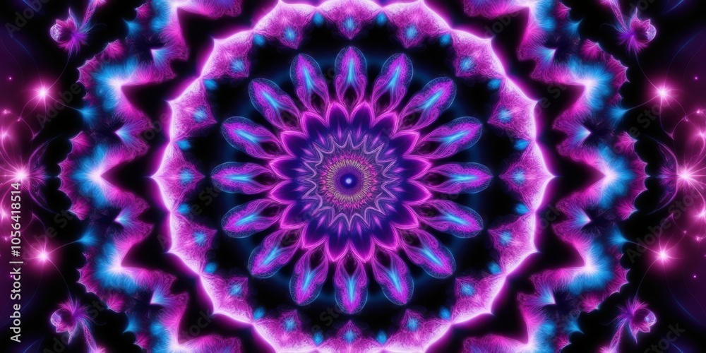 Kaleidoscopic mandala, psychedelic pattern, vibrant purple and blue, fractal design, concentric circles, symmetrical floral shapes, glowing neon elements, intricate details, hypnotic effect, digital a