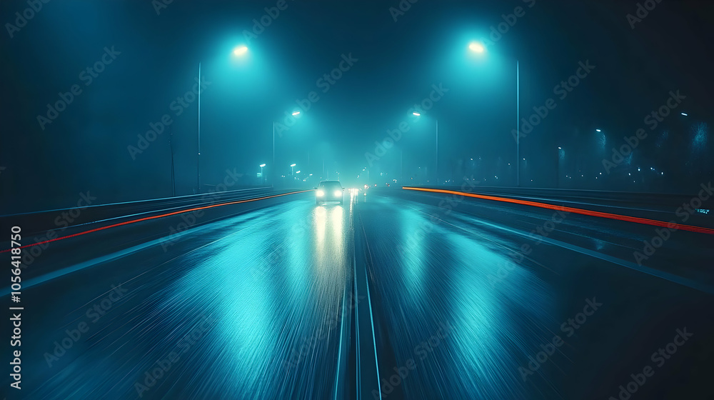 Nighttime Highway with Streetlights and Fog Realistic Image Nighttime Highway with Streetlights and Fog Realistic Image