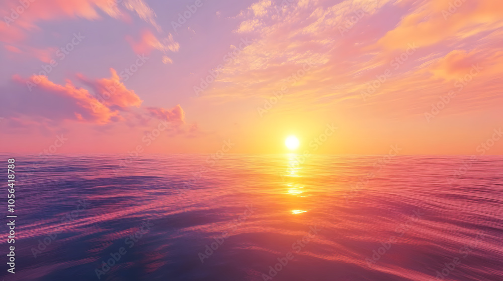 Sunset over ocean with sun halfway down, casting pink, orange, and yellow hues across the horizon sky