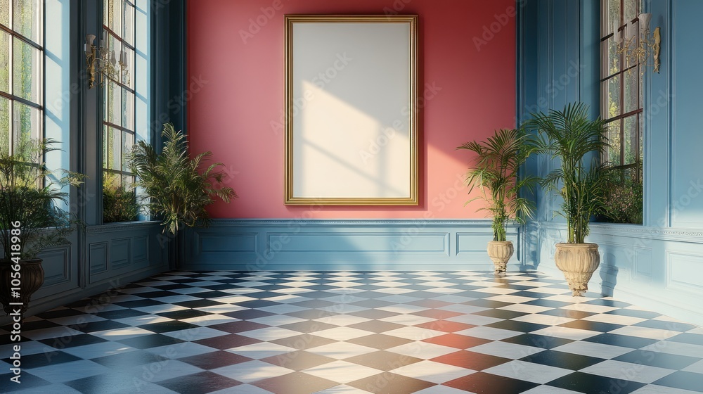 Fototapeta premium 4K mockup of a blank poster hanging on a checkerboard tiled wall with sharp edges.