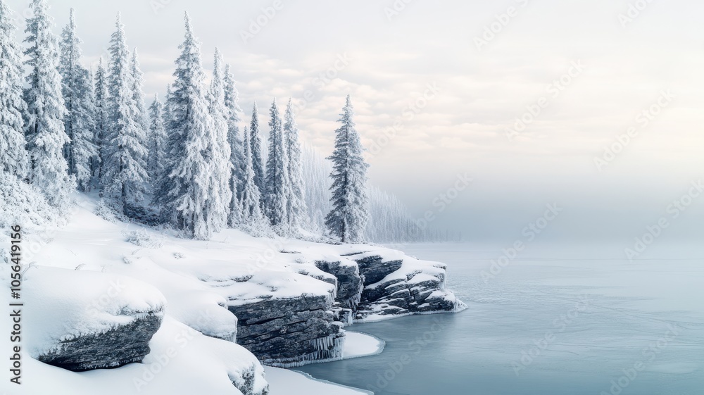 A serene winter landscape showcasing snow-covered trees and a tranquil icy lake under a soft pastel sky. A serene winter landscape showcasing snow-covered trees and a tranquil icy lake under a soft pastel sky.