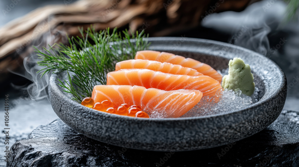 Fresh salmon sashimi served on black stone plate with wasabi and garnished with dill, creating elegant and appetizing presentation Fresh salmon sashimi served on black stone plate with wasabi and garnished with dill, creating elegant and appetizing presentation