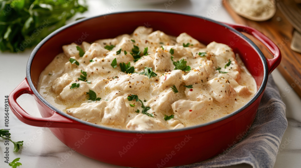Creamy chicken alfredo with tender pieces of chicken in rich sauce, garnished with fresh parsley, served in vibrant red pot. Perfect for comforting meal Creamy chicken alfredo with tender pieces of chicken in rich sauce, garnished with fresh parsley, served in vibrant red pot. Perfect for comforting meal