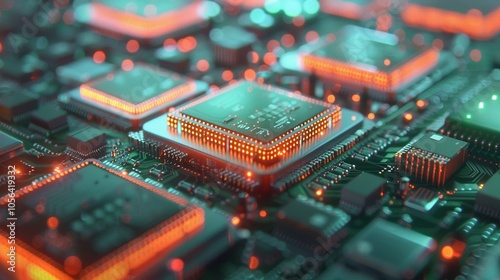 Futuristic Circuit Board Design: 3D Rendering of Server Processing with Vibrant Color Background