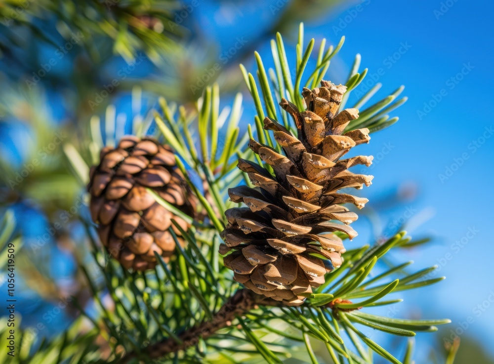 Pine cones on the green tree branch with a blue sky background Pine cones on the green tree branch with a blue sky background