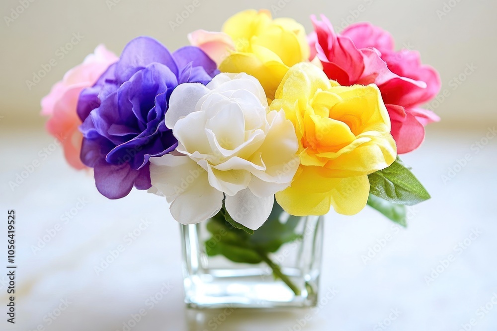A vibrant bouquet of artificial flowers in a glass vase, adding color to a space. A vibrant bouquet of artificial flowers in a glass vase, adding color to a space.