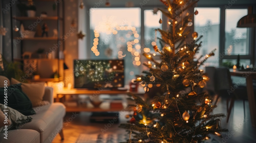 A Christmas tree is lit up in a living room. The room is decorated with Christmas lights and a television is on A Christmas tree is lit up in a living room. The room is decorated with Christmas lights and a television is on