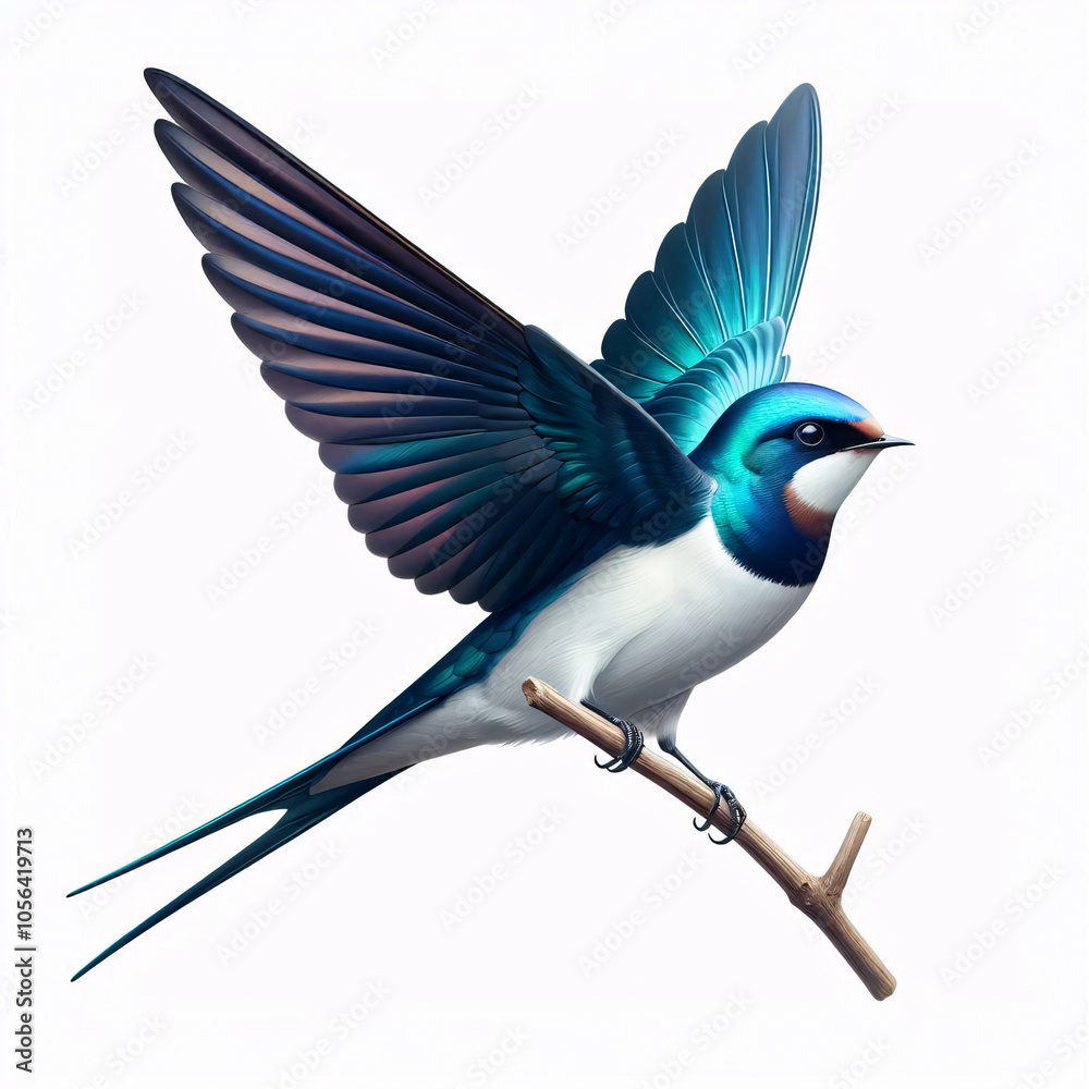 Fototapeta premium A vibrant blue swallow perched on a branch, showcasing its sleek feathers and agile posture