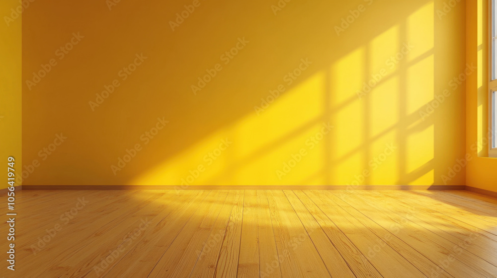 Bright yellow wall in spacious living room with wooden flooring and sunlight casting shadows. warm ambiance creates cheerful and inviting atmosphere