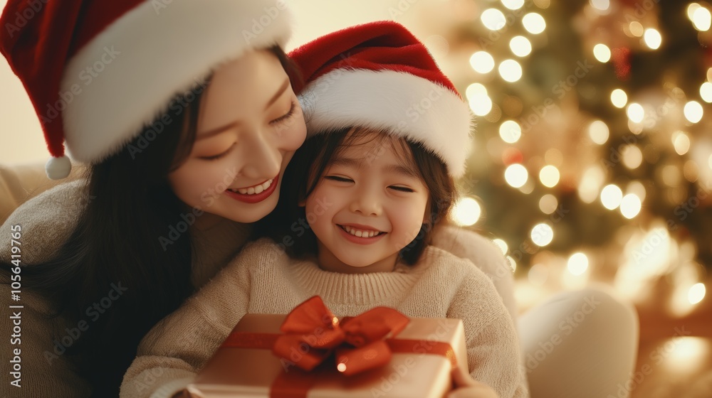 A joyful mother and daughter celebrate Christmas together, surrounded by festive decorations and twinkling lights at home. A joyful mother and daughter celebrate Christmas together, surrounded by festive decorations and twinkling lights at home.