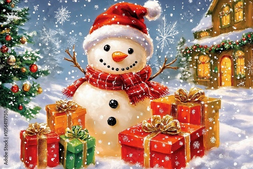 cute snowman with gifts