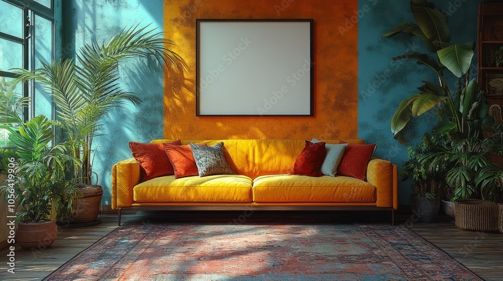 4K mockup of a blank poster hanging on a colorful pastel wall in a cozy living room. 4K mockup of a blank poster hanging on a colorful pastel wall in a cozy living room.