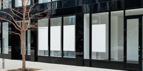 Modern glass storefront, minimalist architecture, empty retail space, reflective windows, black metal framing, urban setting, clean lines, commercial property, street view, transparent facade, contemp photo