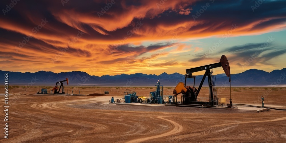 Fototapeta premium Oil pumpjack silhouette, dramatic sunset sky, vibrant orange clouds, desert landscape, oil field, industrial equipment, panoramic view, cinematic lighting, golden hour, wide angle shot, high contrast,
