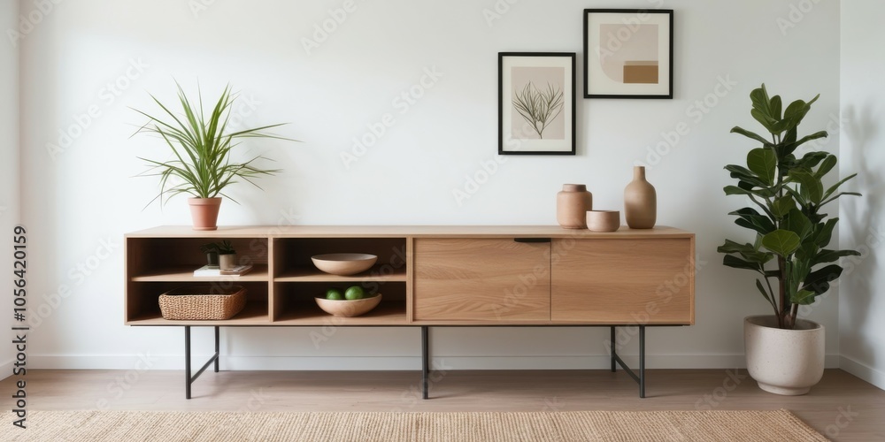 Fototapeta premium Modern wooden sideboard, minimalist living room, sleek metal legs, open shelving, decorative plants, abstract wall art, neutral tones, contemporary interior design, clean lines, mid-century modern inf