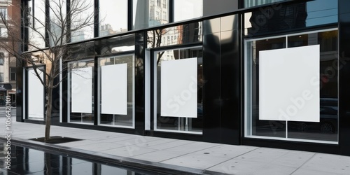 Modern glass storefront, minimalist architecture, empty retail space, reflective windows, black metal framing, urban setting, clean lines, commercial property, street view, transparent facade, contemp photo