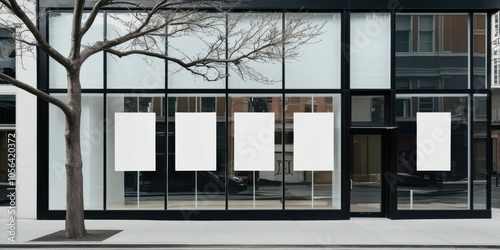 Modern glass storefront, minimalist architecture, empty retail space, reflective windows, black metal framing, urban setting, clean lines, commercial property, street view, transparent facade, contemp photo