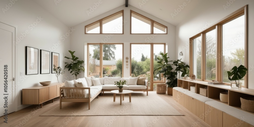Fototapeta premium Scandinavian minimalist living room, bright natural light, large windows, wooden floors, white walls, neutral color palette, dining table, modern chairs, houseplants, built-in shelving, cozy seating a