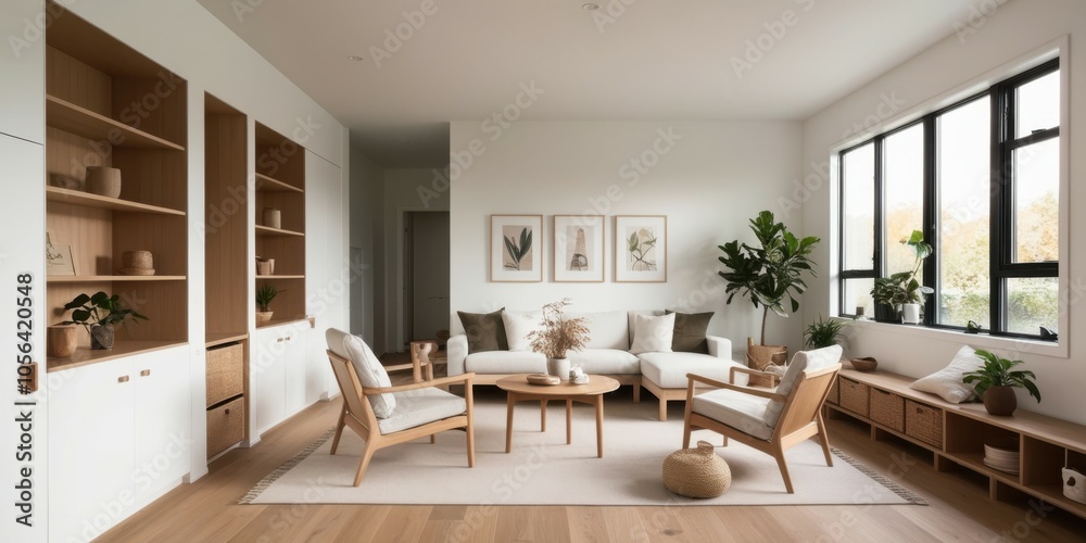 Scandinavian minimalist living room, bright natural light, large windows, wooden floors, white walls, neutral color palette, dining table, modern chairs, houseplants, built-in shelving, cozy seating a Scandinavian minimalist living room, bright natural light, large windows, wooden floors, white walls, neutral color palette, dining table, modern chairs, houseplants, built-in shelving, cozy seating a