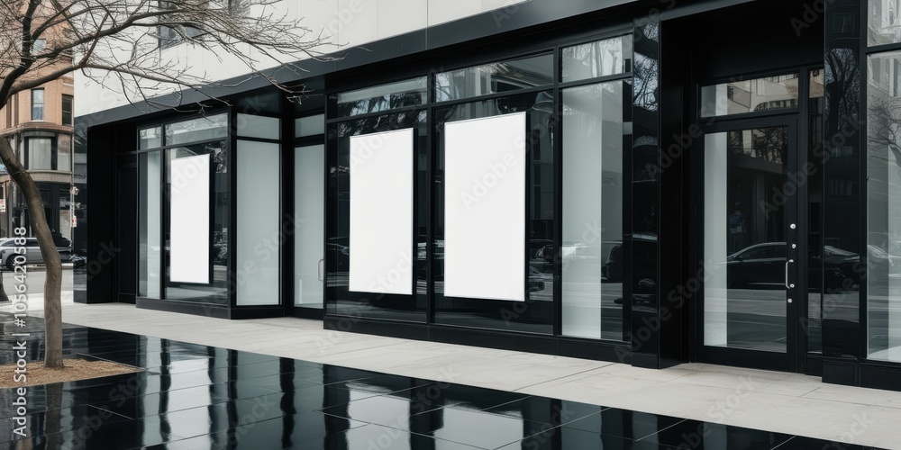 Obraz premium Modern glass storefront, minimalist architecture, empty retail space, reflective windows, black metal framing, urban setting, clean lines, commercial property, street view, transparent facade, contemp