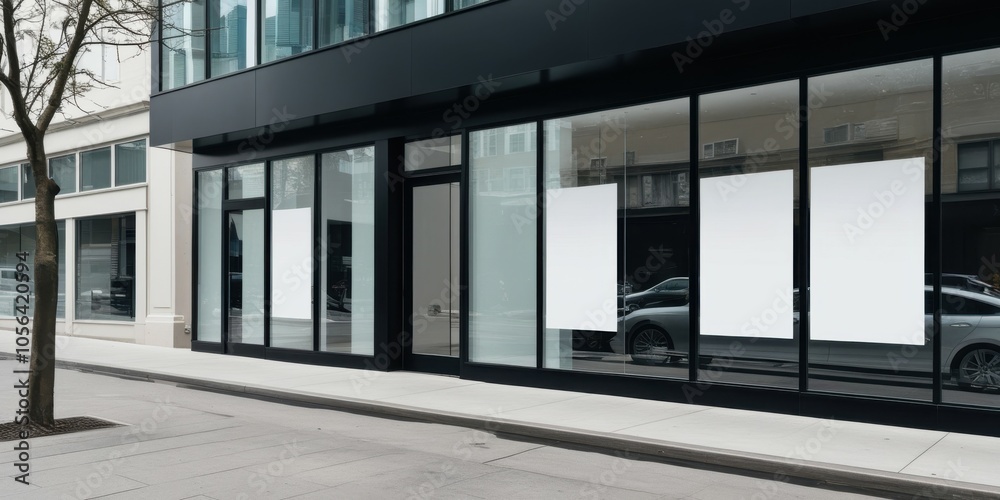 Obraz premium Modern glass storefront, minimalist architecture, empty retail space, reflective windows, black metal framing, urban setting, clean lines, commercial property, street view, transparent facade, contemp