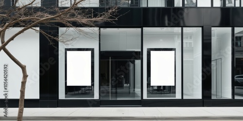 Modern glass storefront, minimalist architecture, empty retail space, reflective windows, black metal framing, urban setting, clean lines, commercial property, street view, transparent facade, contemp photo