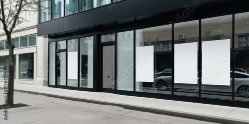 Modern glass storefront, minimalist architecture, empty retail space, reflective windows, black metal framing, urban setting, clean lines, commercial property, street view, transparent facade, contemp photo