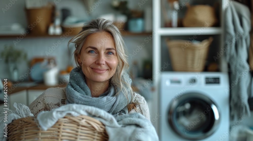smiling woman holding laundry basket near washing machine at home smiling woman holding laundry basket near washing machine at home