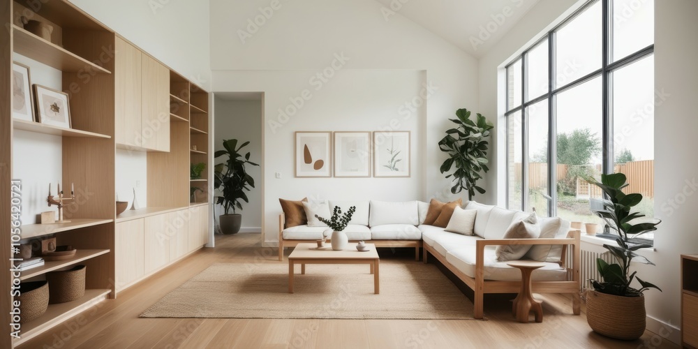 Fototapeta premium Scandinavian minimalist living room, bright natural light, large windows, wooden floors, white walls, neutral color palette, dining table, modern chairs, houseplants, built-in shelving, cozy seating a