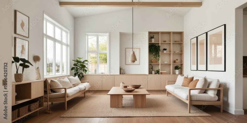 Fototapeta premium Scandinavian minimalist living room, bright natural light, large windows, wooden floors, white walls, neutral color palette, dining table, modern chairs, houseplants, built-in shelving, cozy seating a