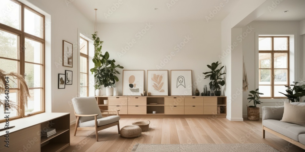 Scandinavian minimalist living room, bright natural light, large windows, wooden floors, white walls, neutral color palette, dining table, modern chairs, houseplants, built-in shelving, cozy seating a Scandinavian minimalist living room, bright natural light, large windows, wooden floors, white walls, neutral color palette, dining table, modern chairs, houseplants, built-in shelving, cozy seating a