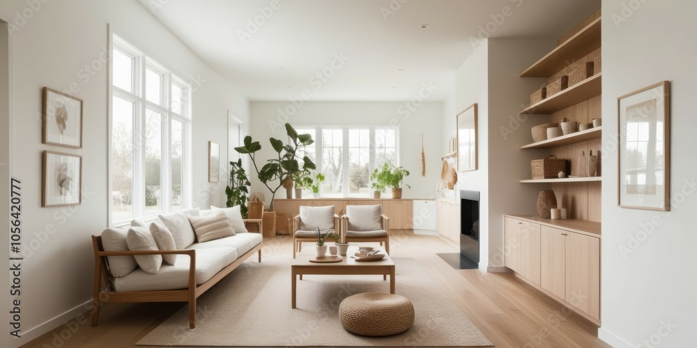 Scandinavian minimalist living room, bright natural light, large windows, wooden floors, white walls, neutral color palette, dining table, modern chairs, houseplants, built-in shelving, cozy seating a Scandinavian minimalist living room, bright natural light, large windows, wooden floors, white walls, neutral color palette, dining table, modern chairs, houseplants, built-in shelving, cozy seating a