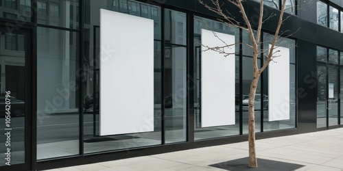 Modern glass storefront, minimalist architecture, empty retail space, reflective windows, black metal framing, urban setting, clean lines, commercial property, street view, transparent facade, contemp photo