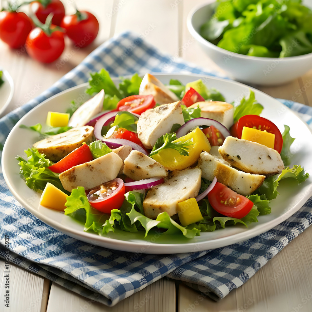chicken salad with vegetables on the table on whit background chicken salad with vegetables on the table on whit background