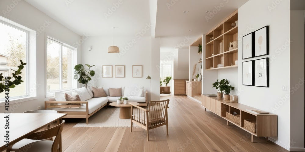 Fototapeta premium Scandinavian minimalist living room, bright natural light, large windows, wooden floors, white walls, neutral color palette, dining table, modern chairs, houseplants, built-in shelving, cozy seating a