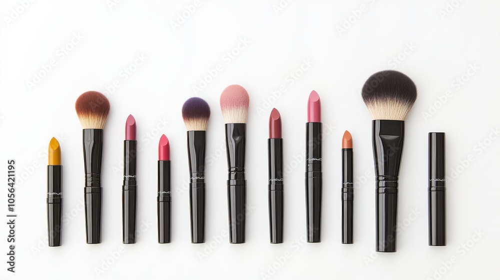 A stylish arrangement of various makeup brushes and lipsticks on a clean, white background, perfect for beauty and cosmetics themes. A stylish arrangement of various makeup brushes and lipsticks on a clean, white background, perfect for beauty and cosmetics themes.