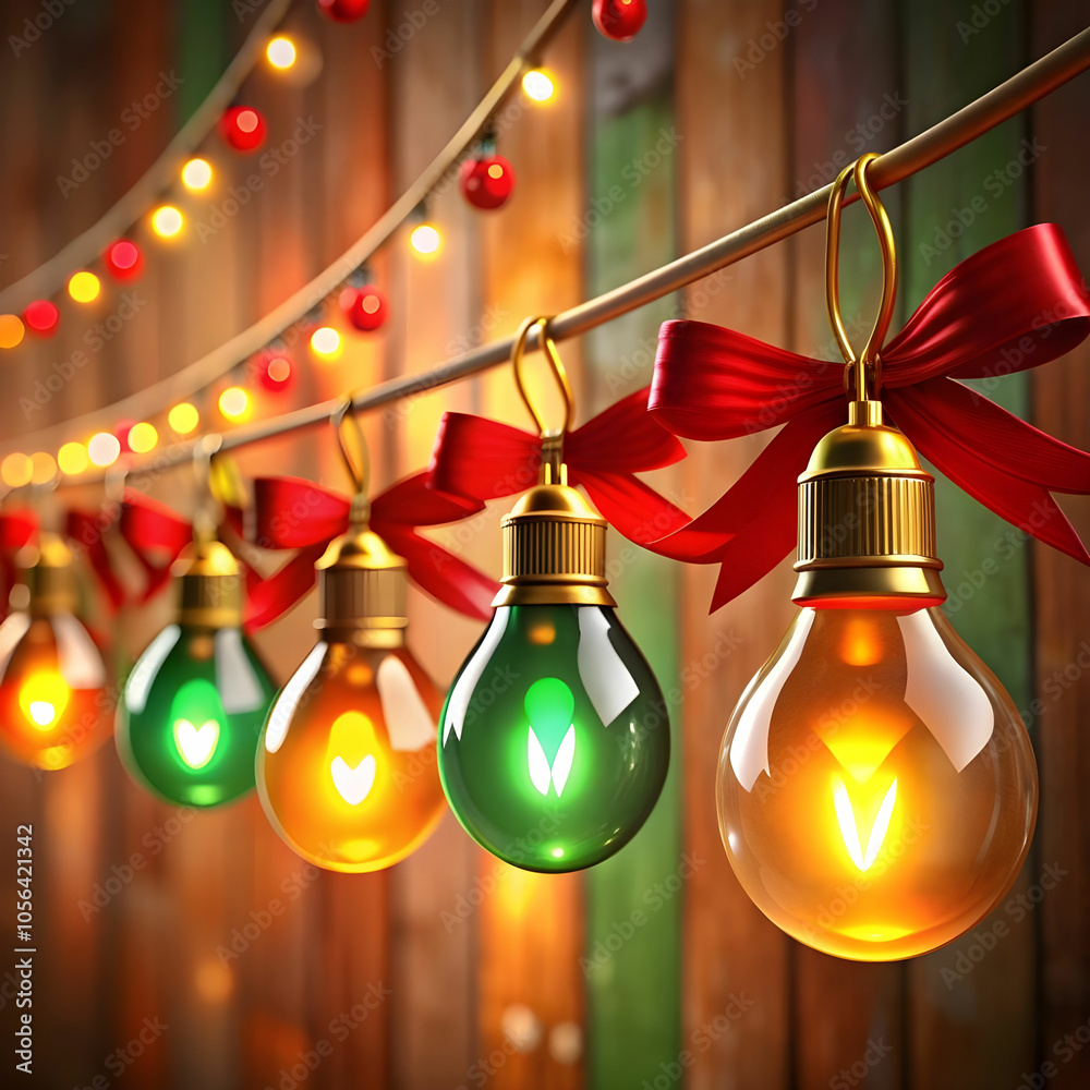 Christmas gold red green bulbs with ribbon on red Christmas gold red green bulbs with ribbon on red