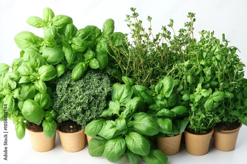 A collection of vibrant herb plants in pots, ideal for cooking and gardening enthusiasts.