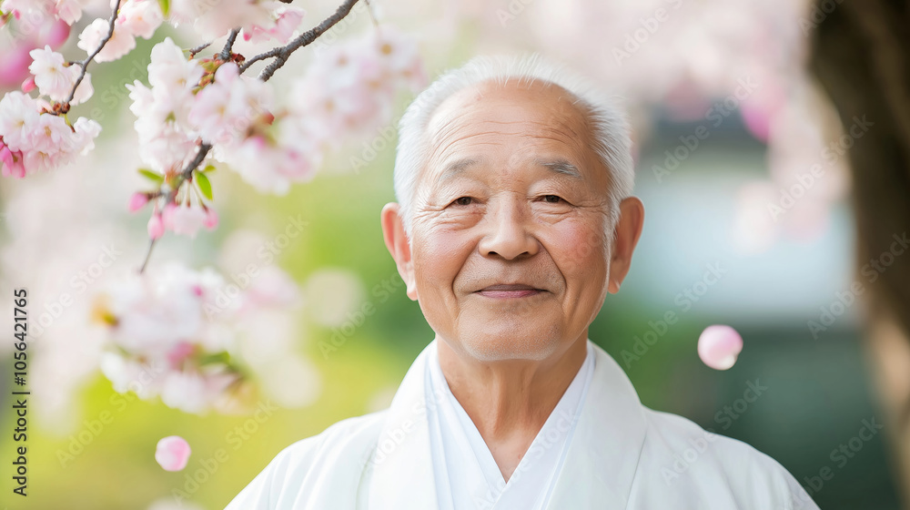 An elderly man smiles peacefully among blooming cherry blossoms during springtime in a serene garden setting. An elderly man smiles peacefully among blooming cherry blossoms during springtime in a serene garden setting.