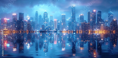 Futuristic Cityscape with Modern Skyscrapers and Reflections - Architectural Evening Background for Business Brochure photo