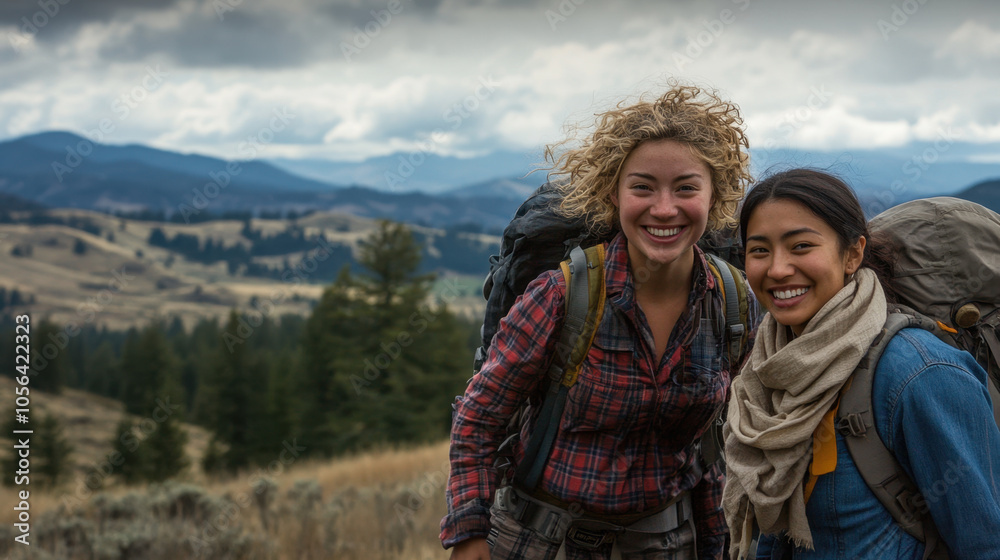 Adventurous women smiling in nature with backpacks, surrounded by mountains and trees, showcasing spirit of exploration and friendship Adventurous women smiling in nature with backpacks, surrounded by mountains and trees, showcasing spirit of exploration and friendship