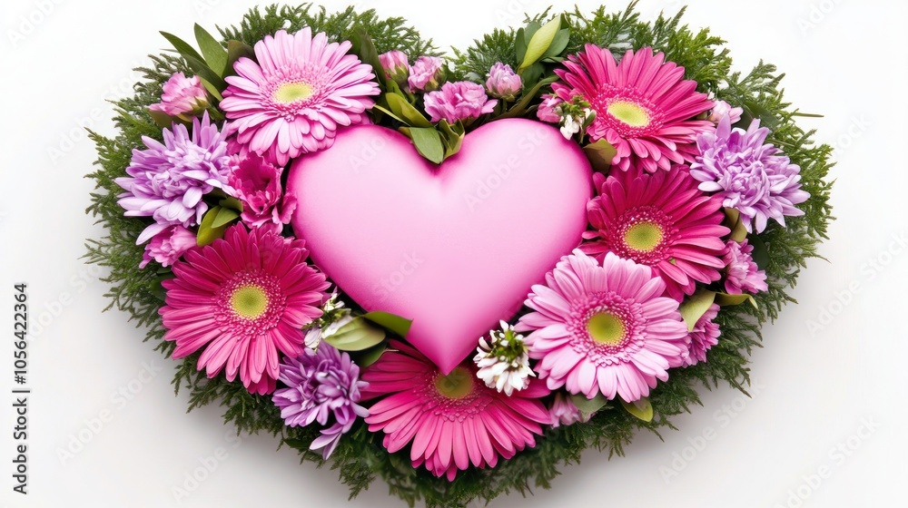 A heart-shaped arrangement of pink flowers and greenery, symbolizing love and affection. A heart-shaped arrangement of pink flowers and greenery, symbolizing love and affection.
