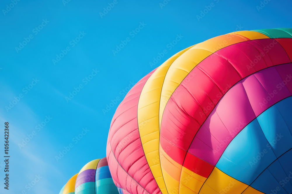 Fototapeta premium Colorful hot air balloons against clear blue sky create vibrant and joyful scene, perfect for capturing essence of adventure and freedom