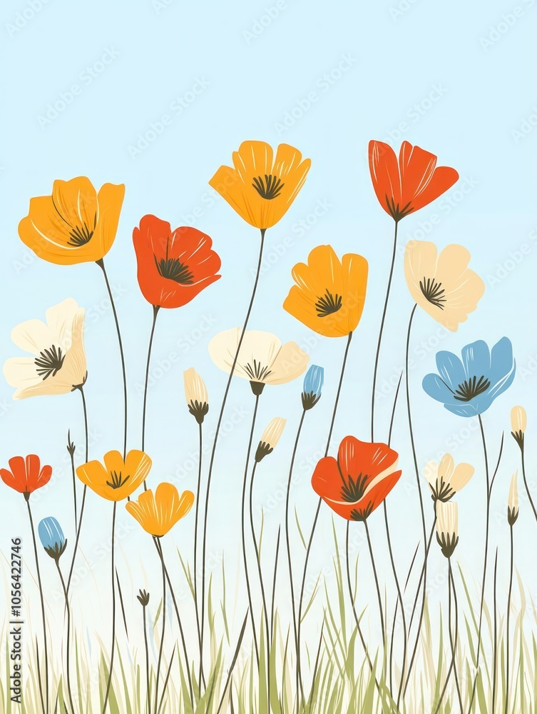 Fototapeta premium A vibrant illustration of colorful flowers against a light blue background.