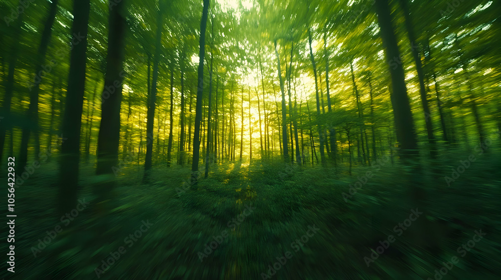 Fototapeta premium Abstract Forest Background: Green Trees with Sun Rays